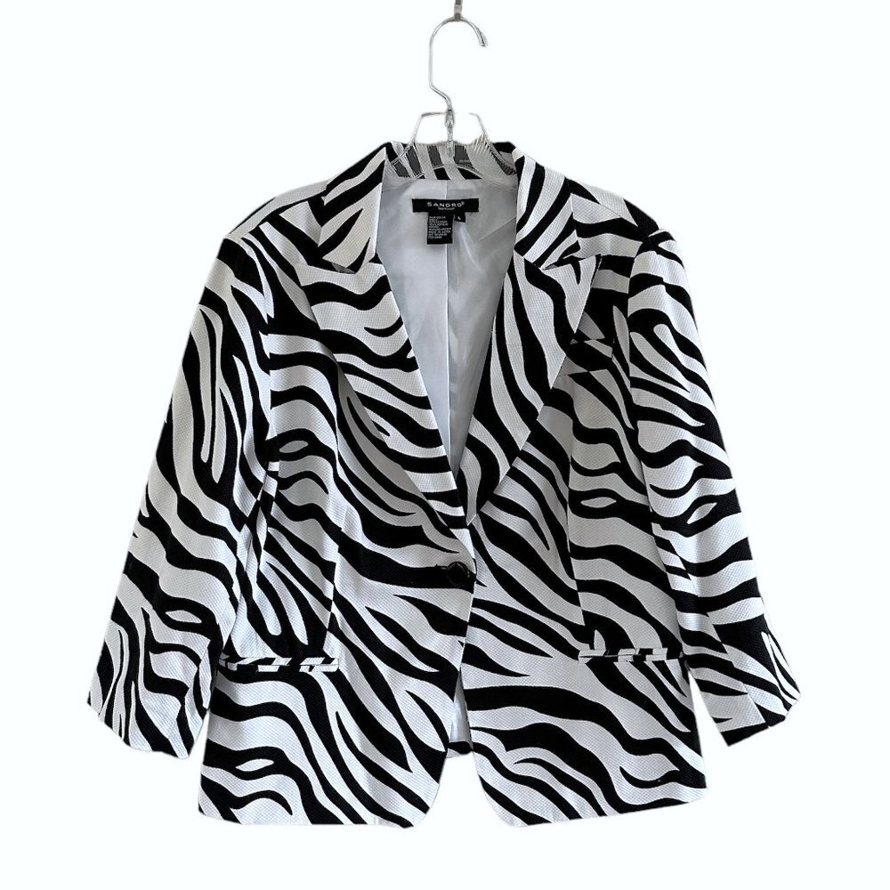 Sandro Zebra Print Cotton Single Button Blazer, L, Black White Maximalist Indie